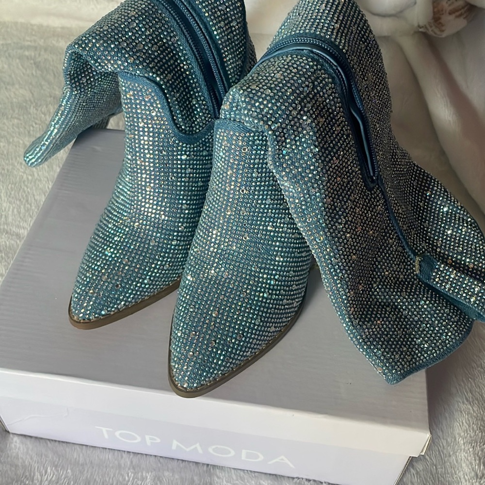 Denim and diamond heeled boots